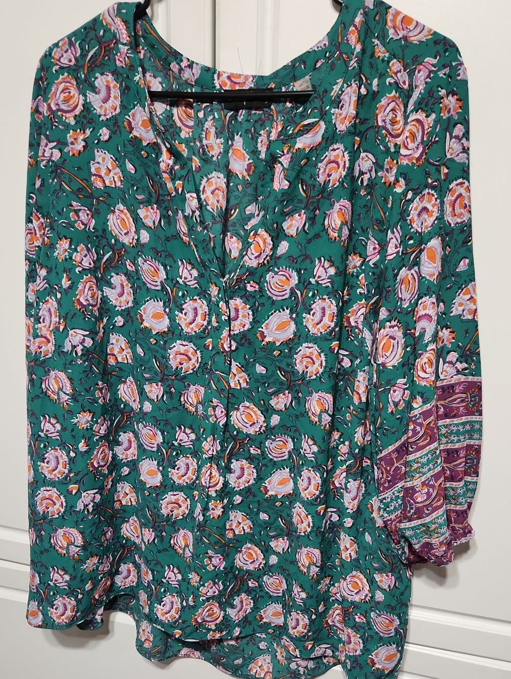 Tahari Teal Floral Tie-Neck Blouse